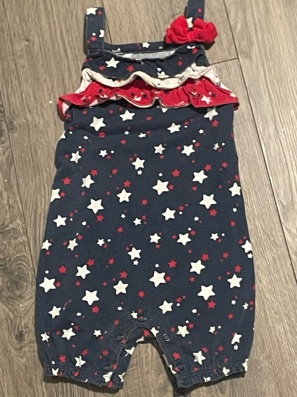 12 months Navy Star-Print Sleeveless Baby Romper with Red Ruffle